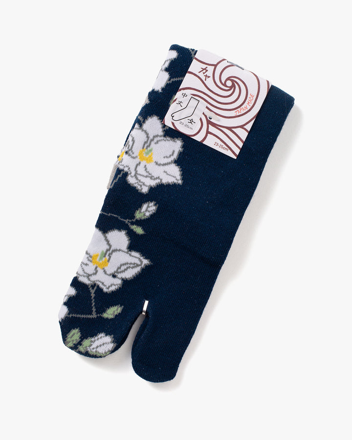 Wa Modern, Tabi Socks, Crew, Indigo with White Magnolia (S/M)