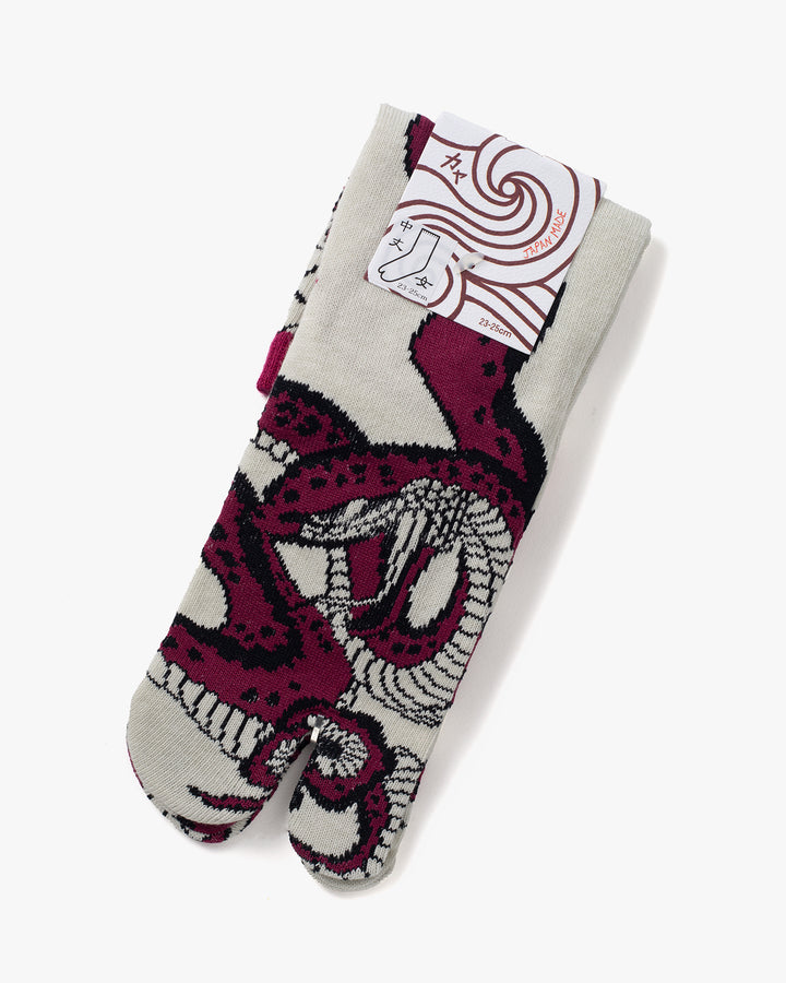 Wa Modern, Tabi Socks, Crew, Ivory and Wine Red Snake (S/M)