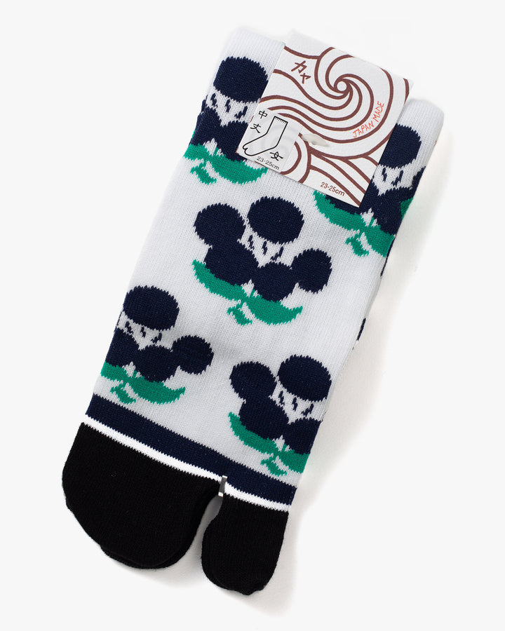 Wa Modern, Tabi Socks, Crew, White with Indigo Abstract Flowers (S/M)