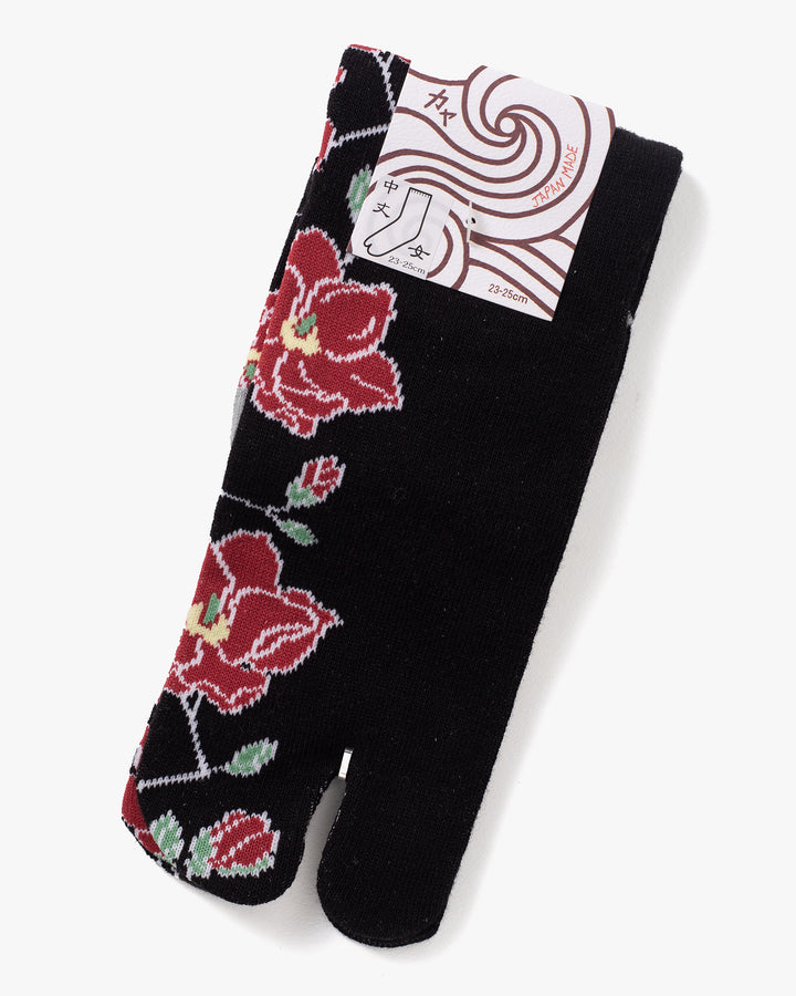 Wa Modern, Tabi Socks, Crew, Black with Red Magnolia (S/M)