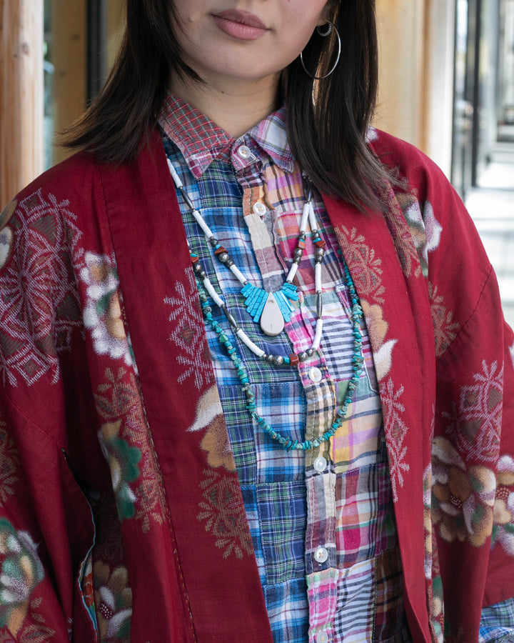 Vintage Haori Jacket, Dark Red with Floral Pattern