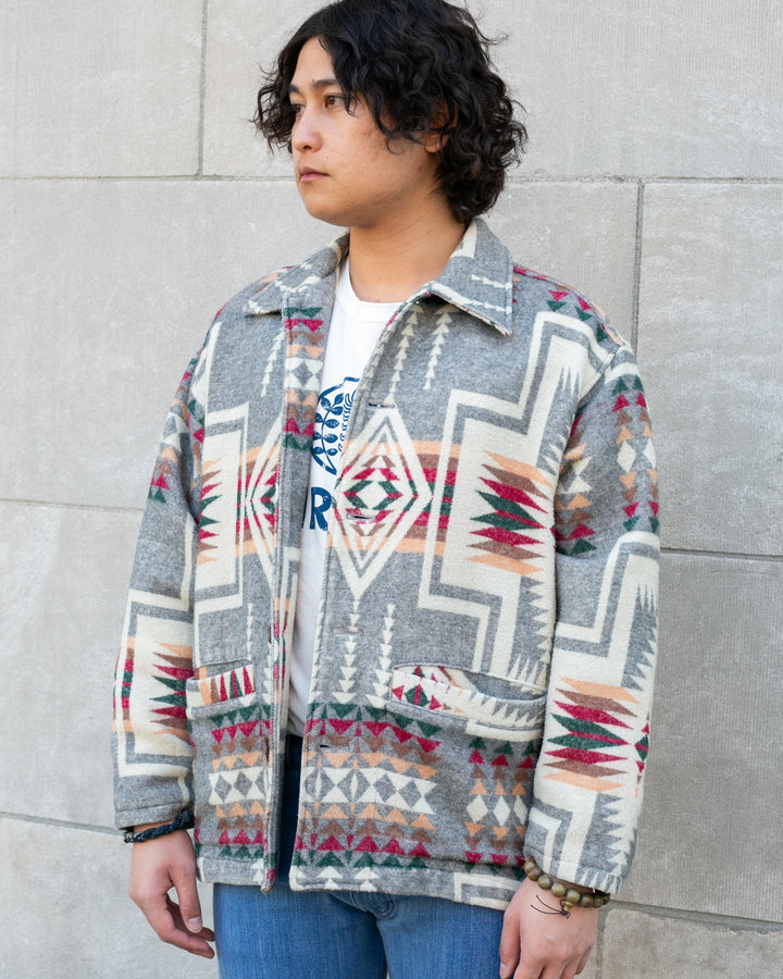 Japanese Reproduction Wool Blanket Coverall Chore Coat, C-Boy Brand, Grey with Multicolor Geometric Pattern