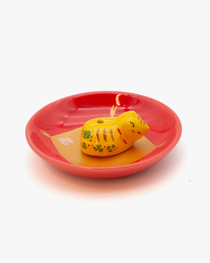 Nippon Kodo Arita Plate with Sleepy Cat Incense Holder, Yellow Tiger