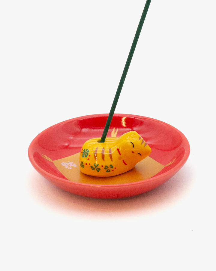 Nippon Kodo Arita Plate with Sleepy Cat Incense Holder, Yellow Tiger
