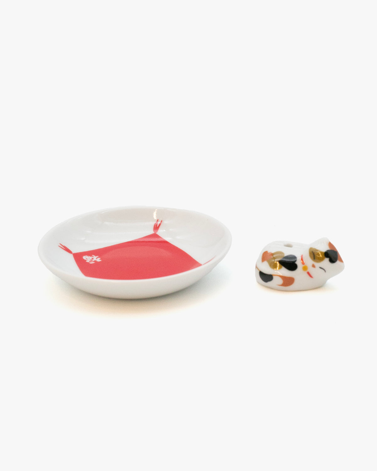 Nippon Kodo Arita Plate with Sleepy Cat Incense Holder, Calico
