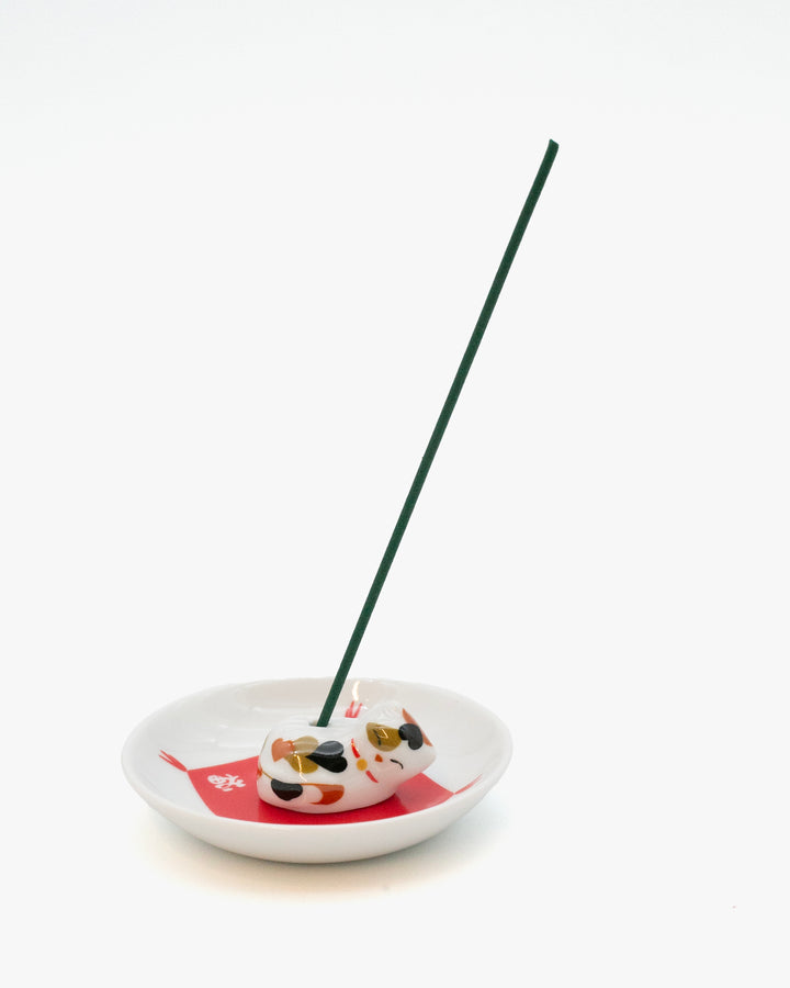 Nippon Kodo Arita Plate with Sleepy Cat Incense Holder, Calico