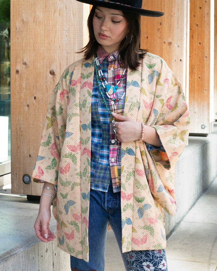Vintage Haori Jacket, Full Shibori, Beige with Colorful Butterflies