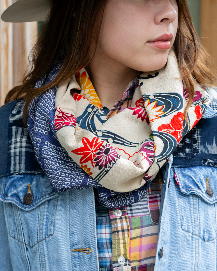 Kiriko Original Scarf, Infinity, Kimono, Cream Autumn Floral and Blue Shibori Diamonds