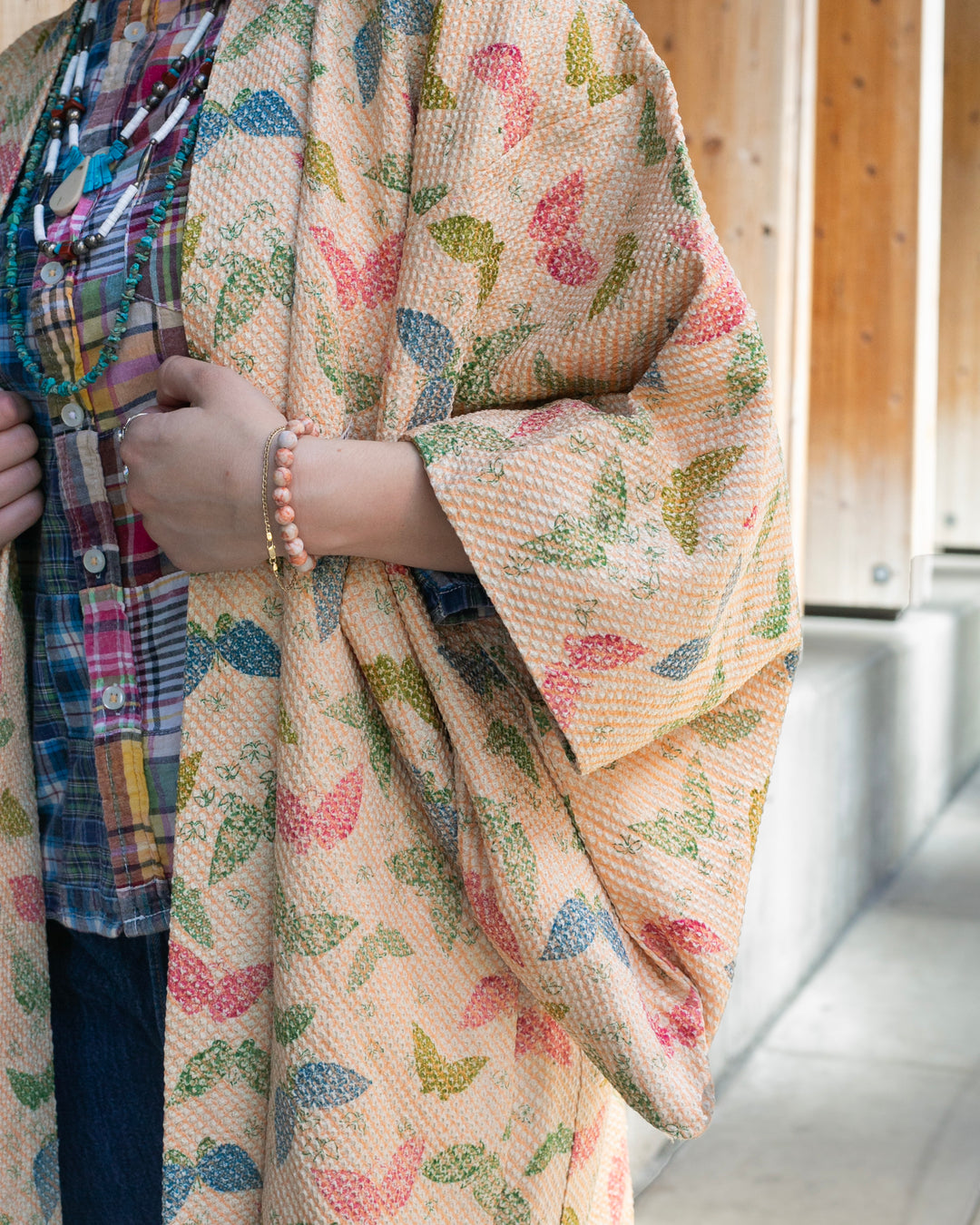 Vintage Haori Jacket, Full Shibori, Beige with Colorful Butterflies