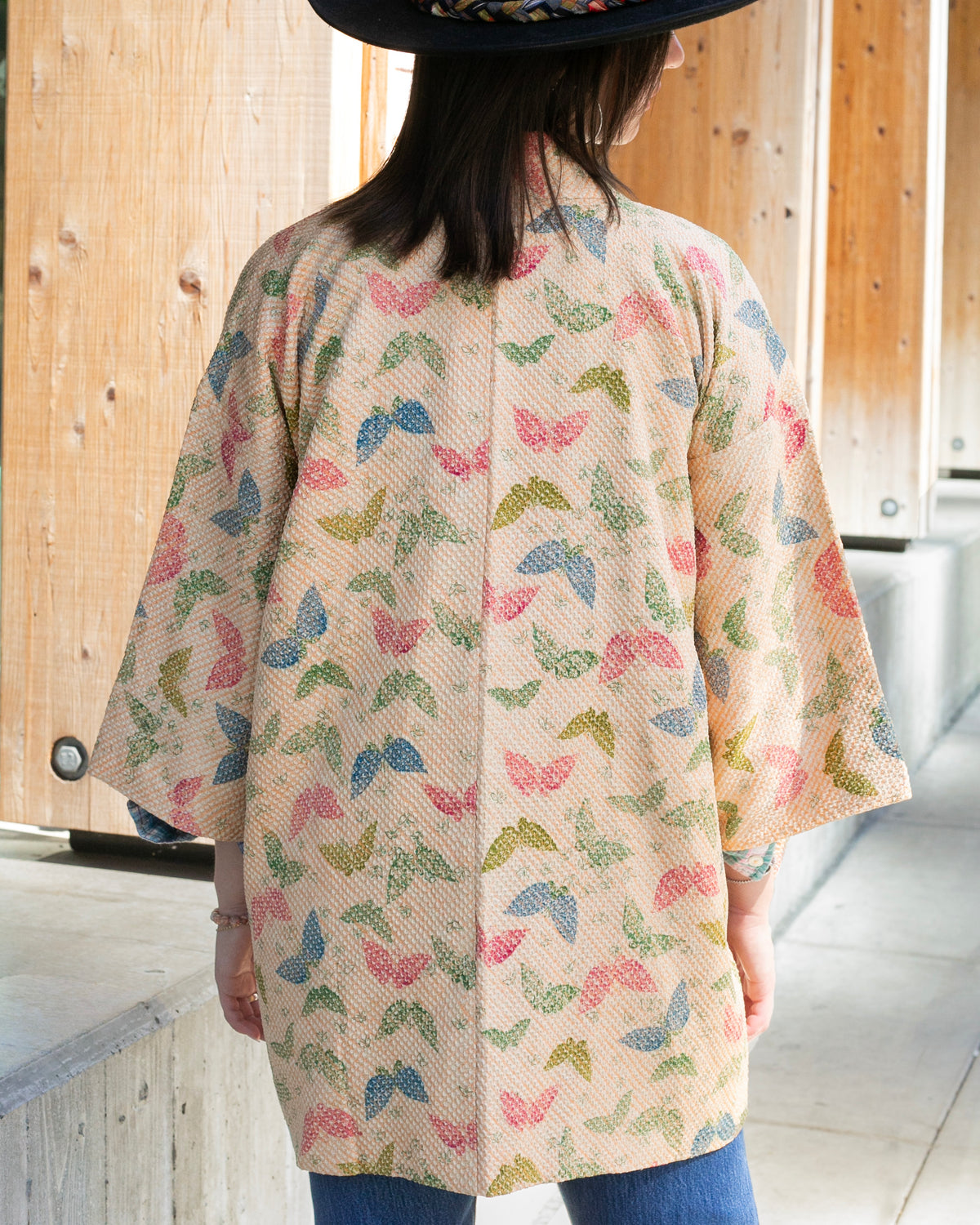 Vintage Haori Jacket, Full Shibori, Beige with Colorful Butterflies