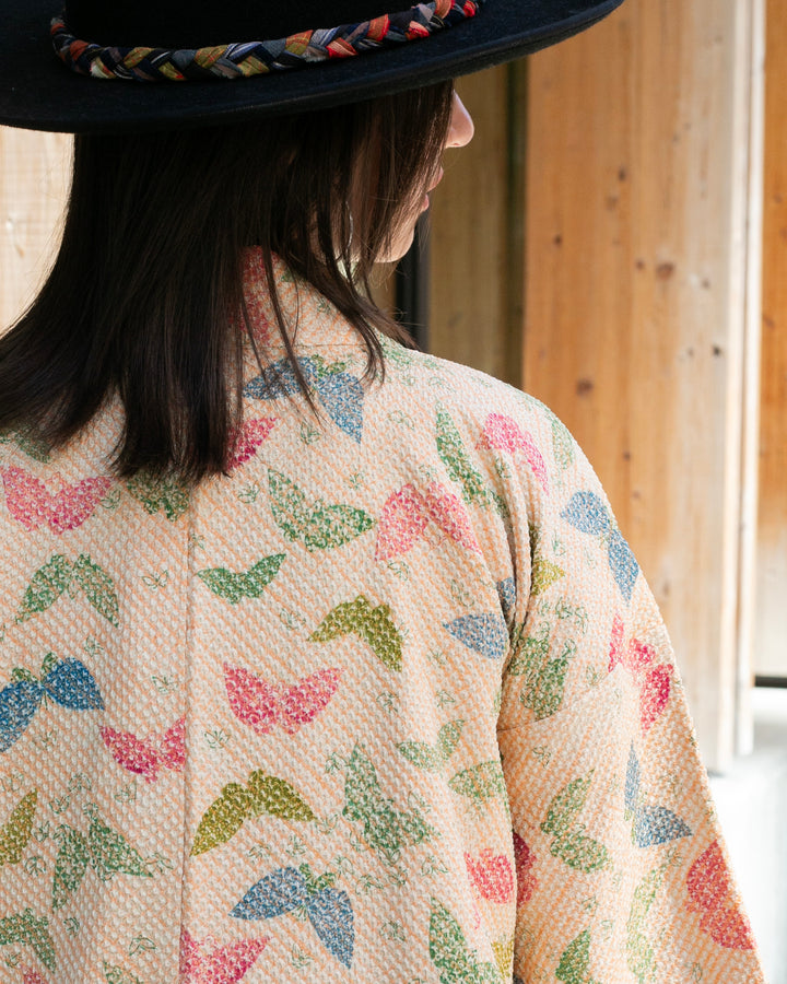 Vintage Haori Jacket, Full Shibori, Beige with Colorful Butterflies