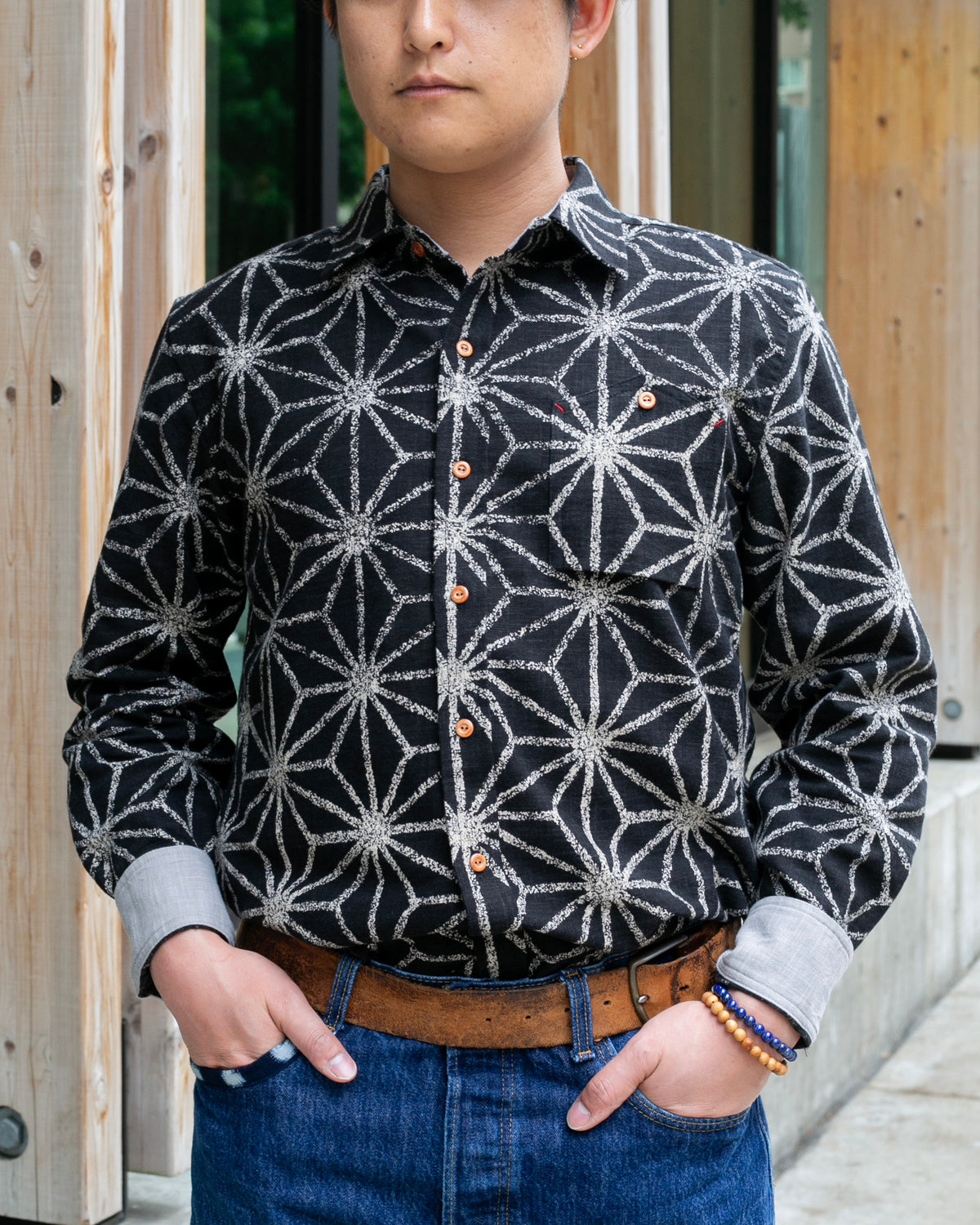 Kiriko Original Button-Up Shirt, Long Sleeve, Black Asanoha