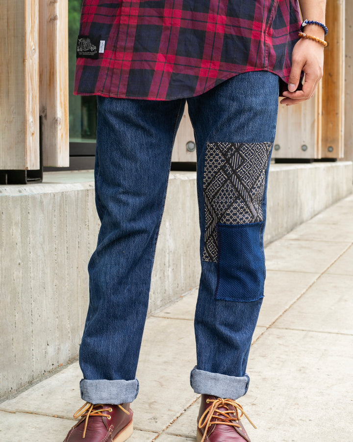Custom patched denim jeans by Kiriko Made