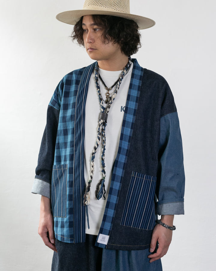 Wa-Modern Haori Denim Jacket, Navy with Square and Striped Patterns