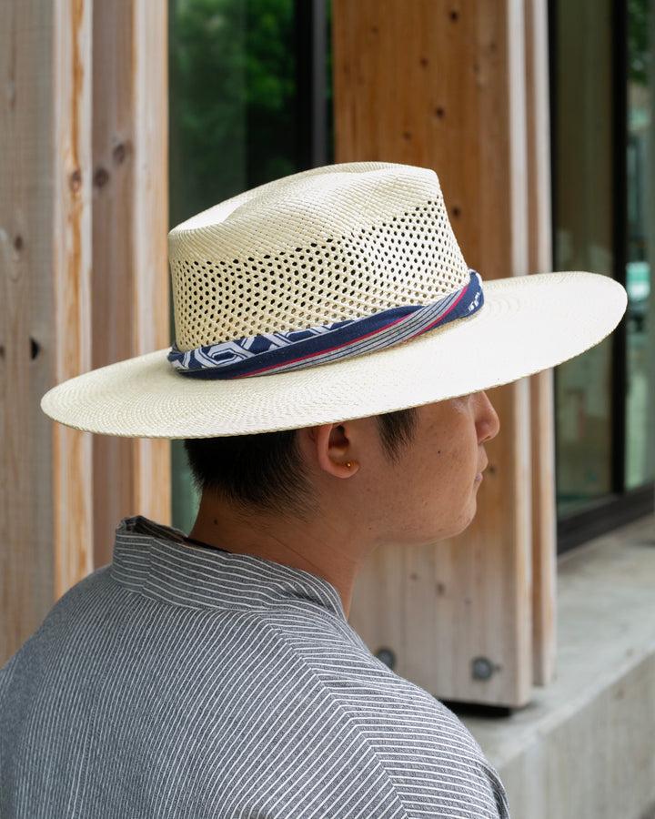 Kiriko Custom Panama Hat, Straw, Braided Indigo Katazome, Shades of White and Red