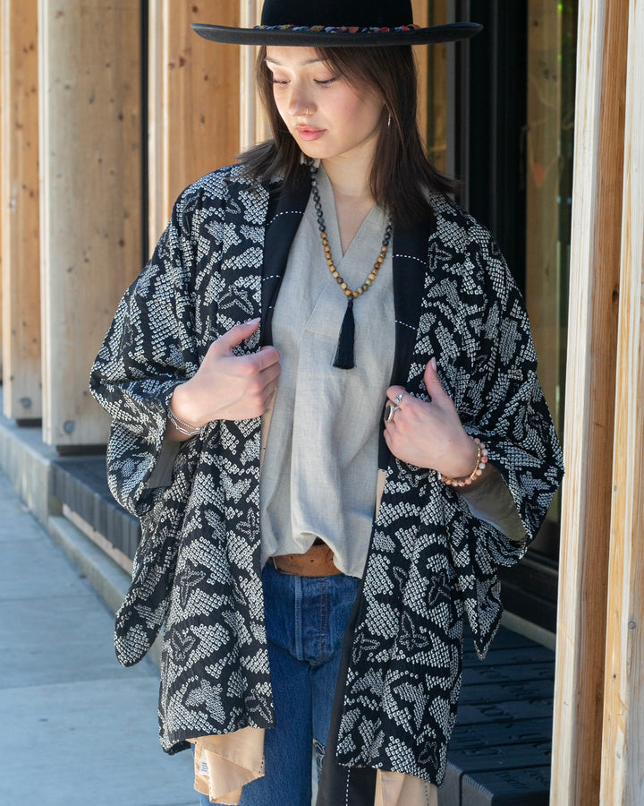Vintage Haori Jacket, Full Shibori, Black with Pattern
