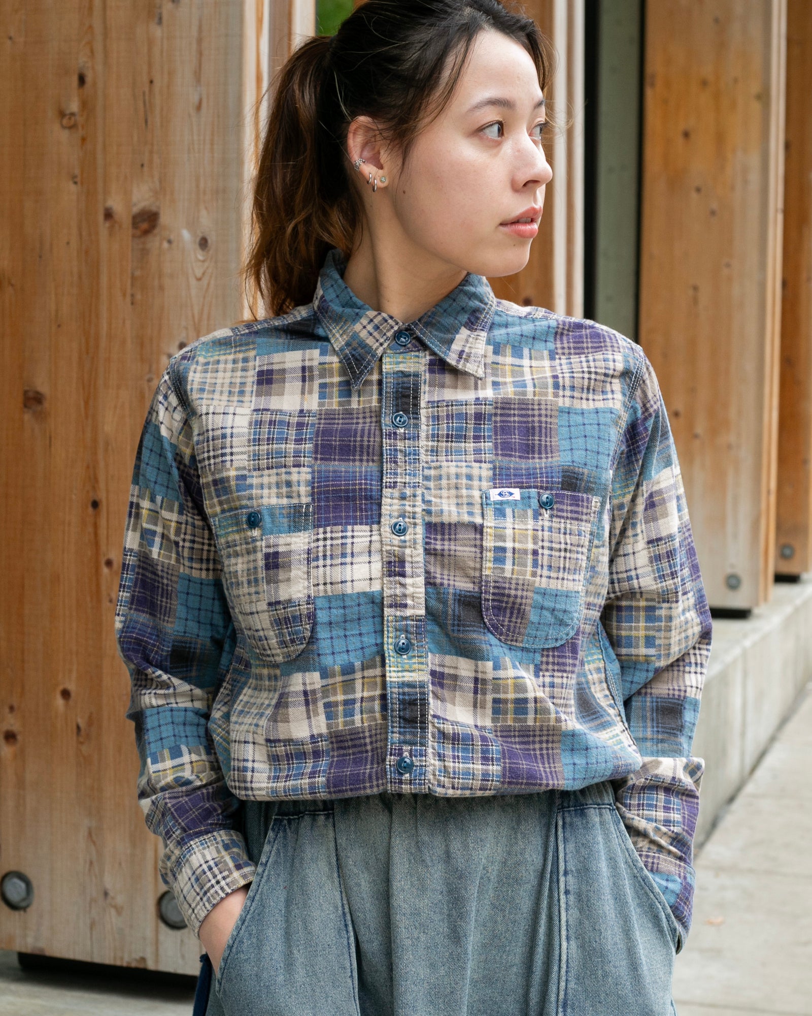 Japanese Repro Flannel Shirt, Pherrow's, Blue Patchwork Plaid - M