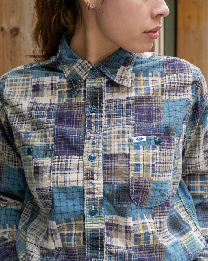 Japanese Repro Flannel Shirt, Pherrow's, Blue Patchwork Plaid - M