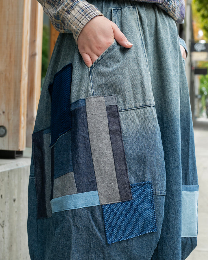 Kiriko Original Skirt, Washed Indigo Patched