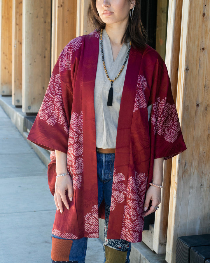 Vintage Haori Jacket, Red with White Floral