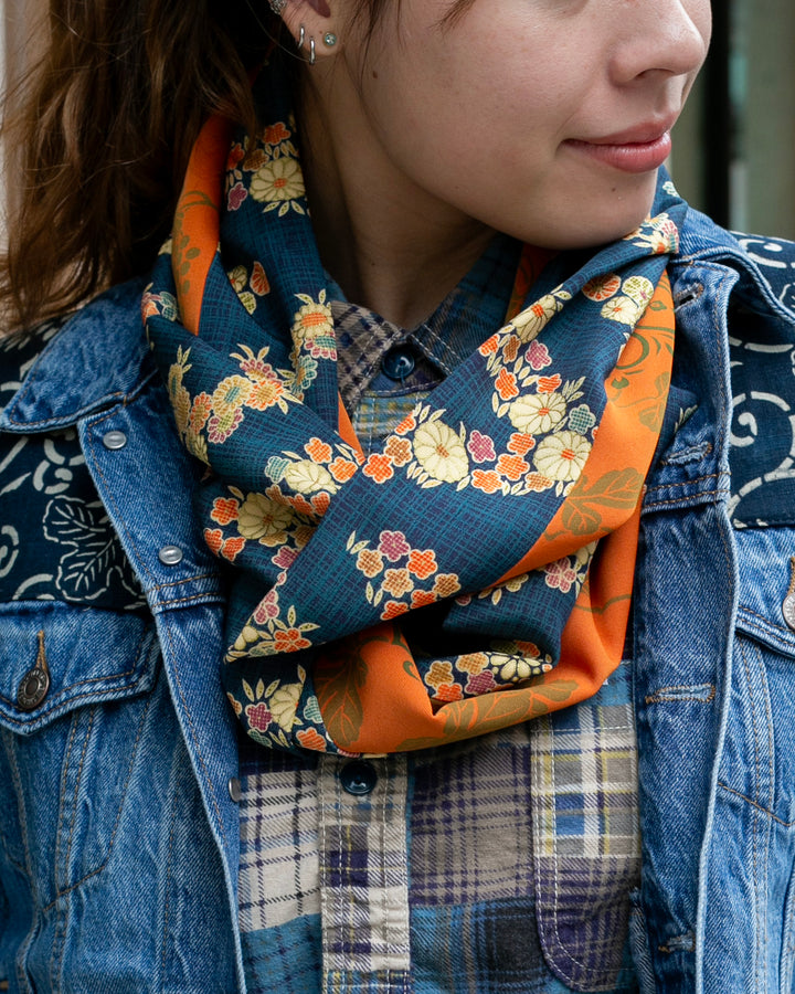 Kiriko Original Scarf, Infinity, Kimono, Navy Plaid Floral and Orange with Greenery