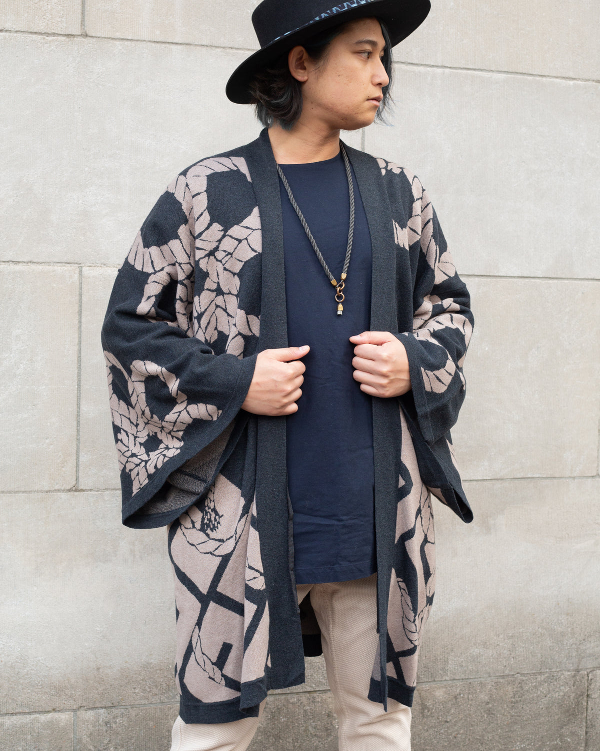 Wa-Modern, Cardigan Robe, Charcoal with Beige Nawa