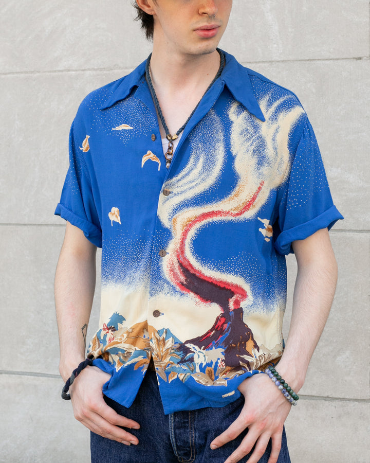 Japanese Repro, Short Sleeve Aloha Shirt, Denime Brand, Blue Volcano -  L