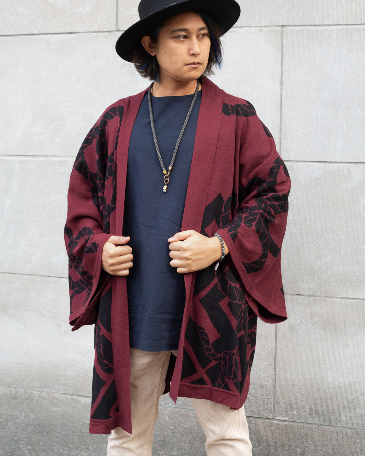 Wa-Modern, Cardigan Robe, Burgundy with Black Nawa