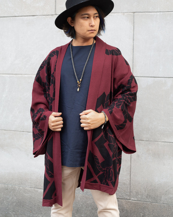 Wa-Modern, Cardigan Robe, Burgundy with Black Nawa