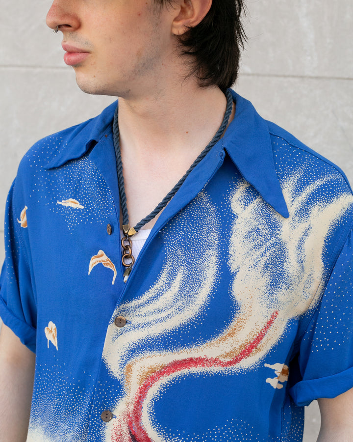 Japanese Repro, Short Sleeve Aloha Shirt, Denime Brand, Blue Volcano -  L