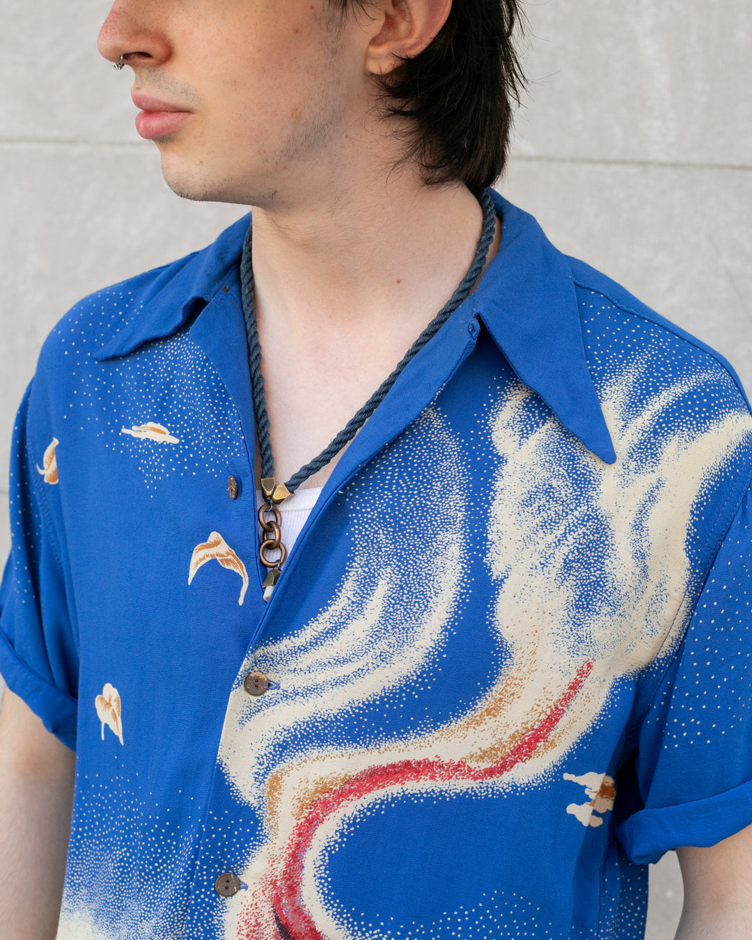 Japanese Repro, Short Sleeve Aloha Shirt, Denime Brand, Blue Volcano -  L