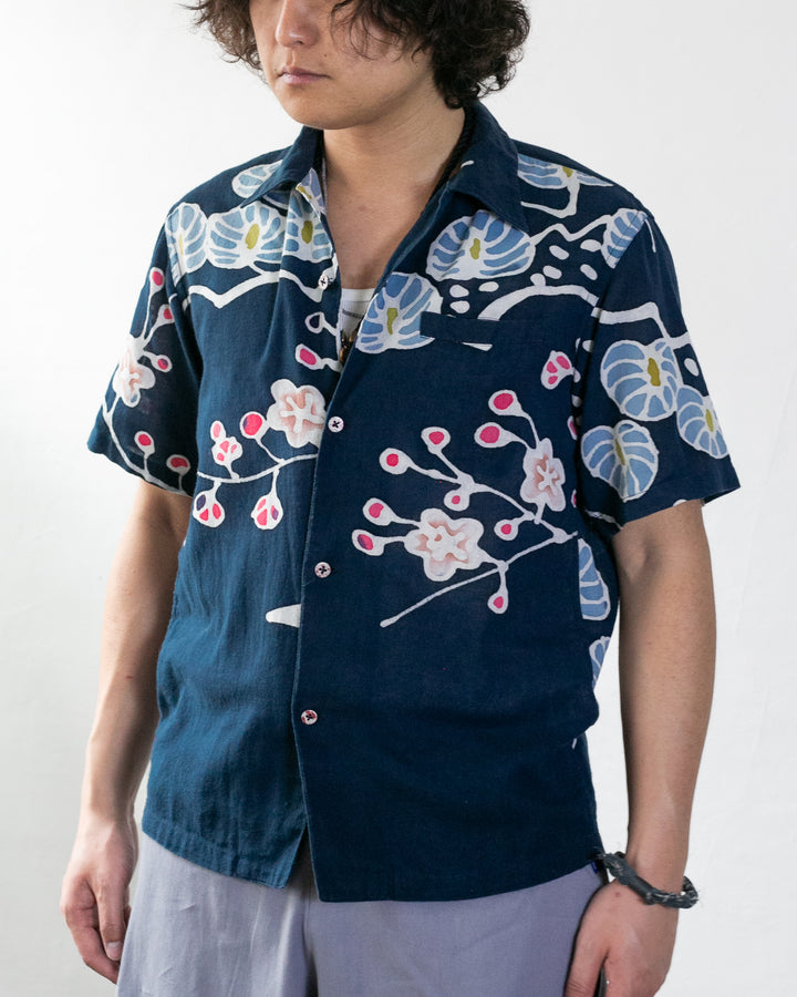 Japanese Repro Shirt, Aloha Short Sleeve, Eternal Brand, Indigo with Flowers - M