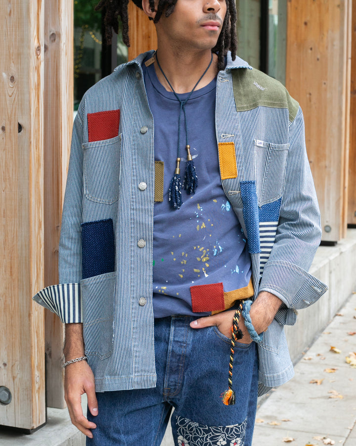 Kiriko Original Striped Denim Chore Coat, Lee Brand, Patched with Maekake and Sashi-ori