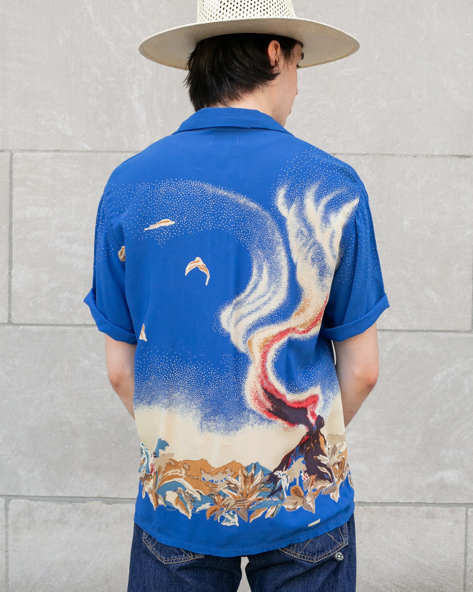 Japanese Repro, Short Sleeve Aloha Shirt, Denime Brand, Blue Volcano -  L