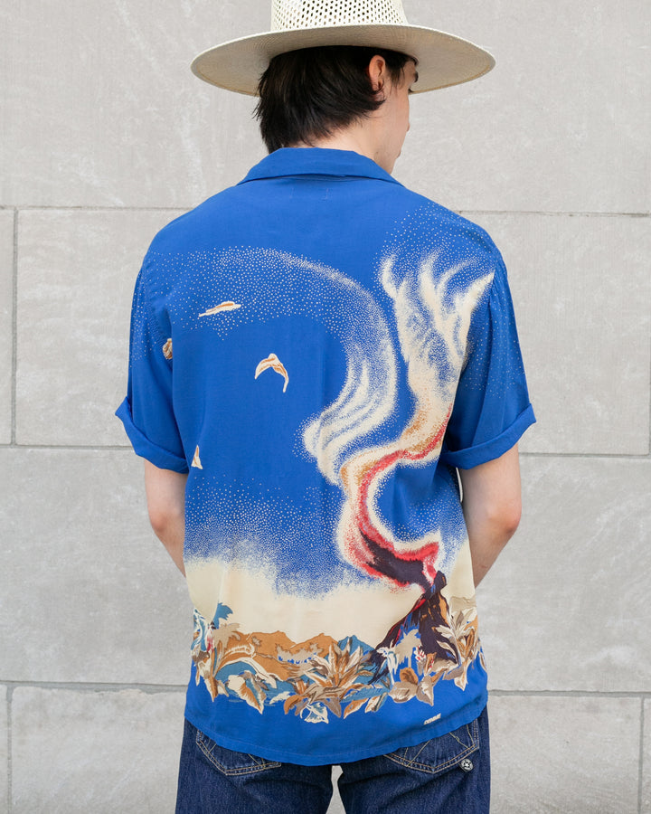 Japanese Repro, Short Sleeve Aloha Shirt, Denime Brand, Blue Volcano -  L
