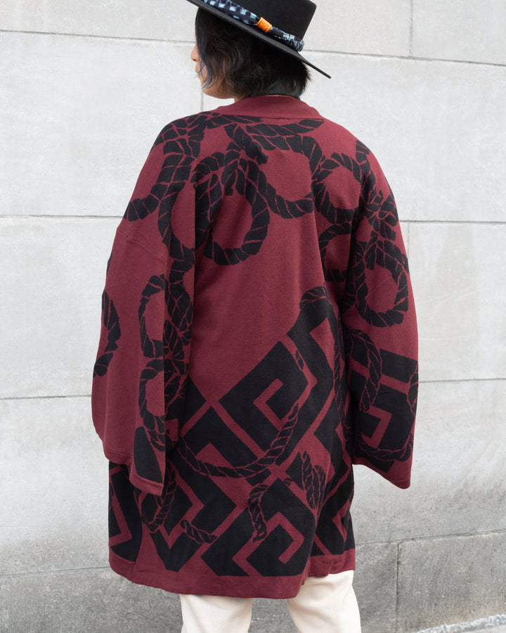 Wa-Modern, Cardigan Robe, Burgundy with Black Nawa