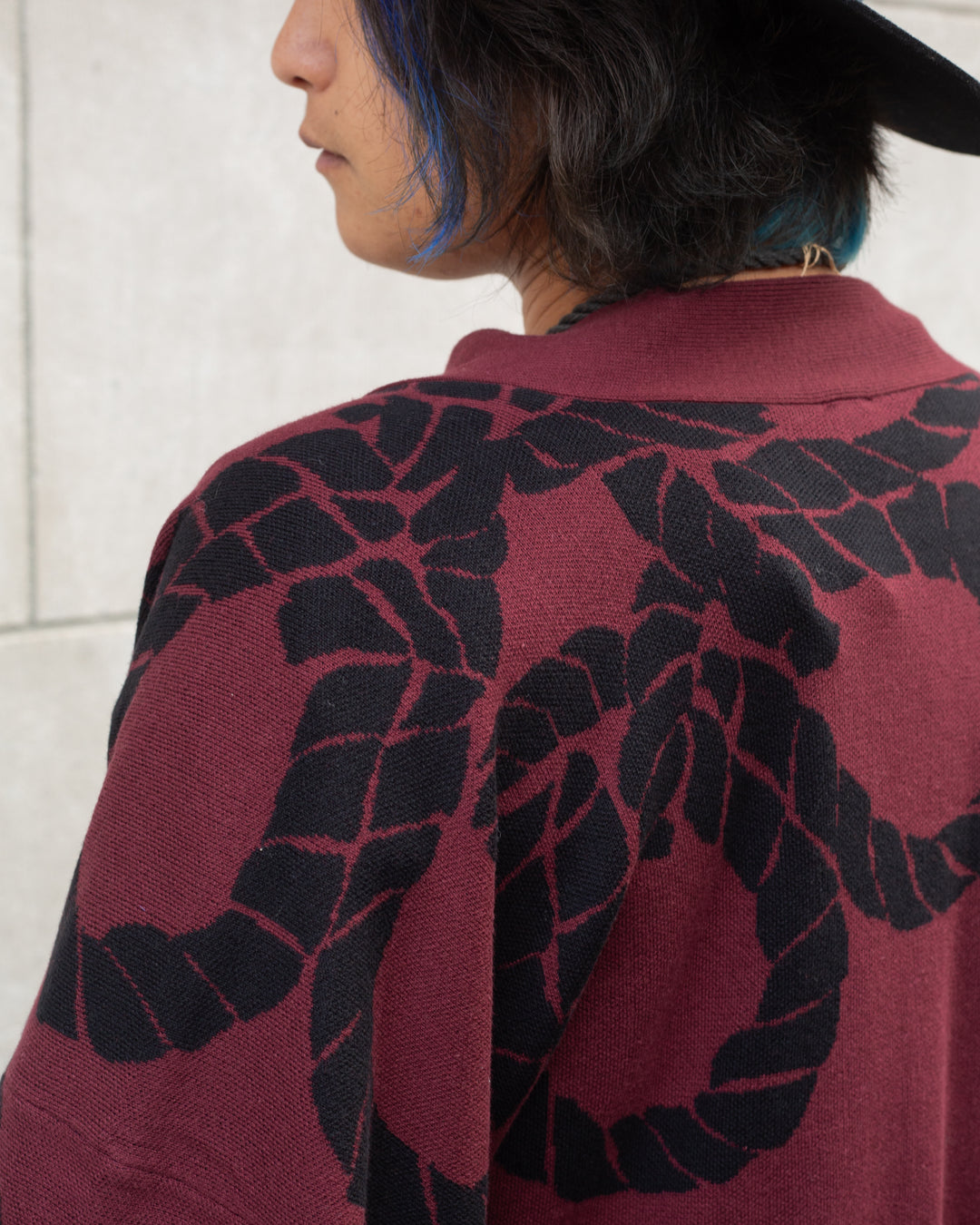 Wa-Modern, Cardigan Robe, Burgundy with Black Nawa