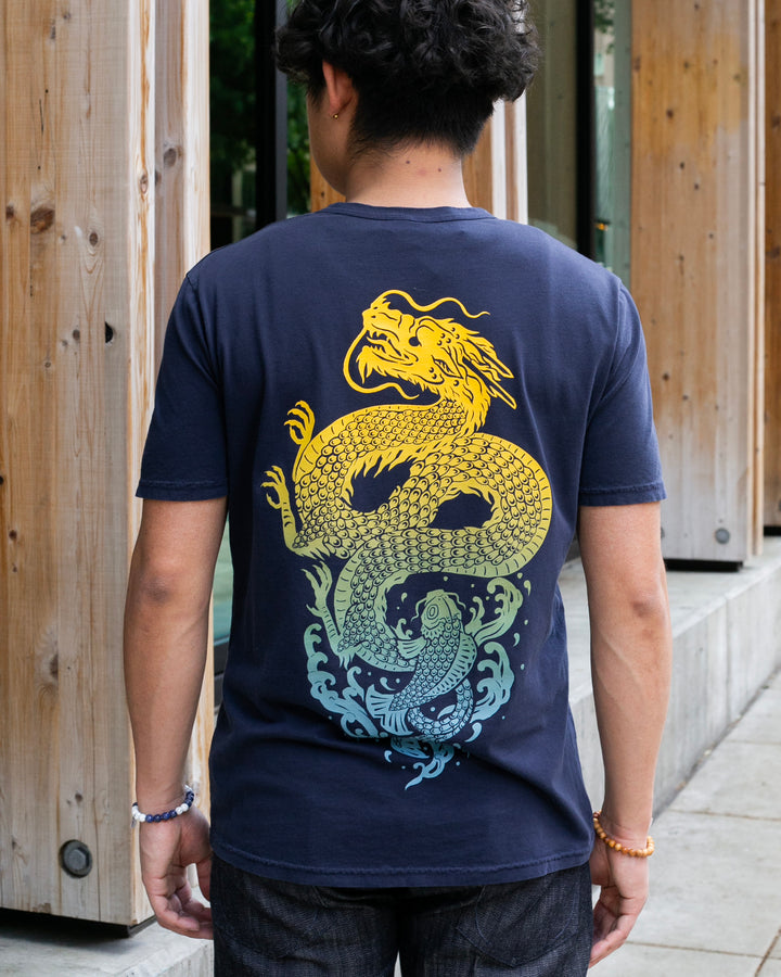 Kiriko Original Tee, 6 oz Cotton, Navy with Yellow Gradient Koi-Dragon