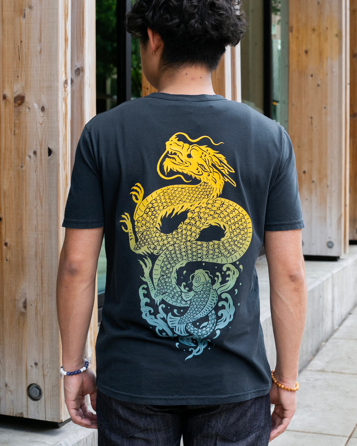 Kiriko Original Tee, 6 oz Cotton, Dark Teal with Yellow Gradient Koi-Dragon