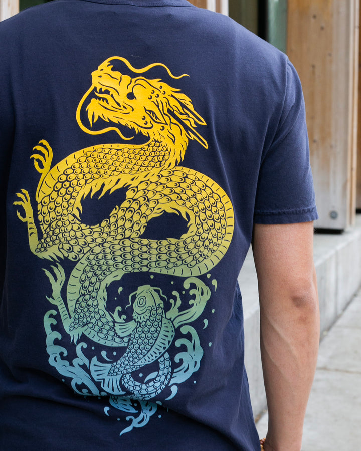 Kiriko Original Tee, 6 oz Cotton, Navy with Yellow Gradient Koi-Dragon