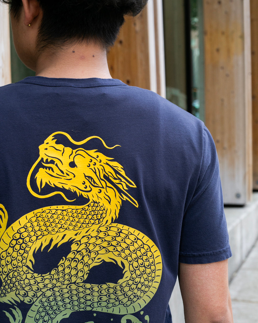 Kiriko Original Tee, 6 oz Cotton, Navy with Yellow Gradient Koi-Dragon