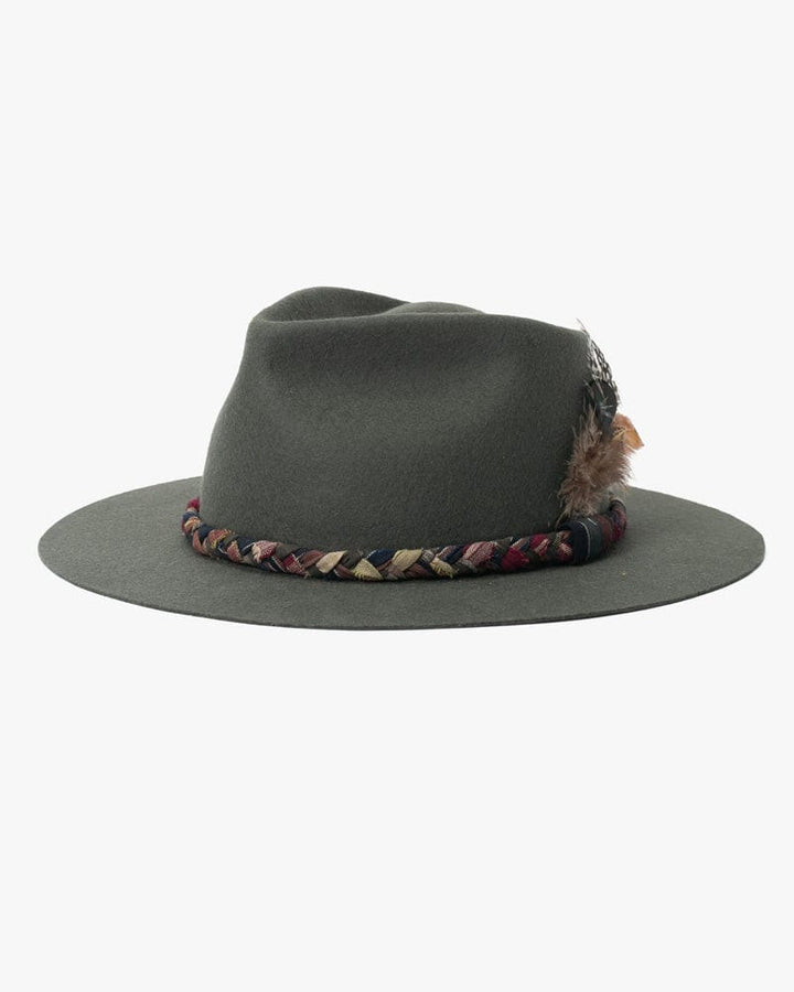 Kiriko Custom Wool Felt Hat with Feather, Smokey Green with Braided Burgundy and Brown Shima