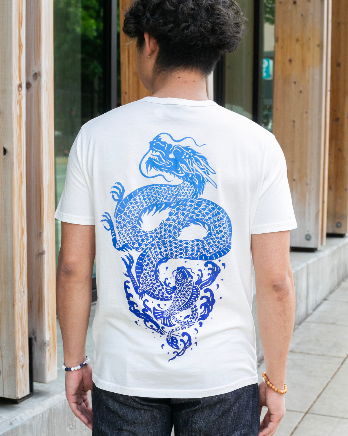 Kiriko Original Tee, 6 oz Cotton, White with Blue Gradient Koi-Dragon