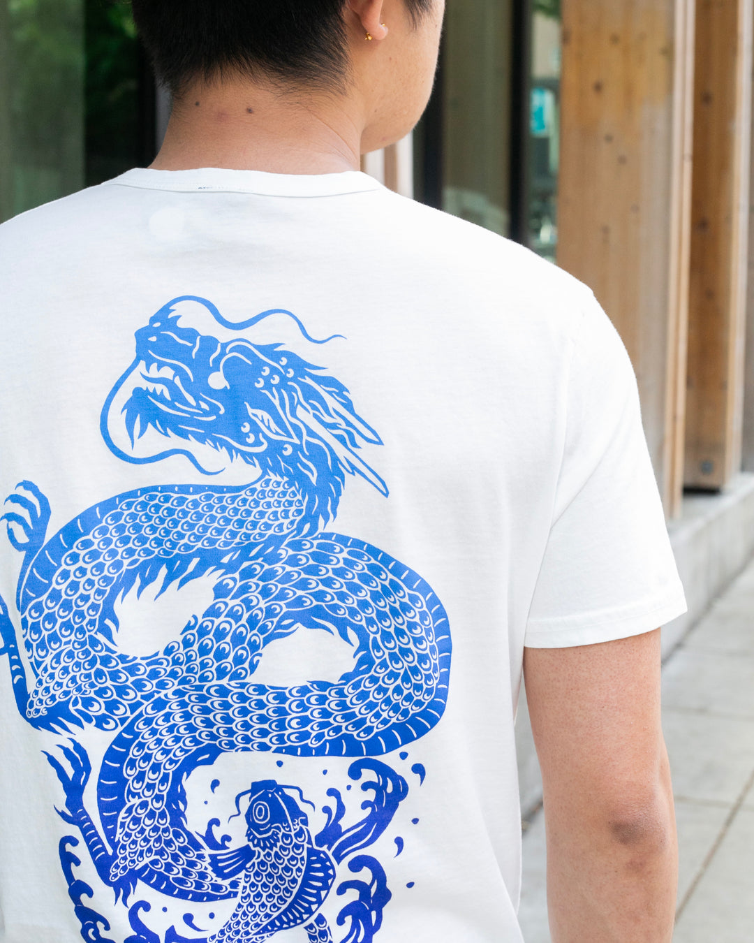 Kiriko Original Tee, 6 oz Cotton, White with Blue Gradient Koi-Dragon