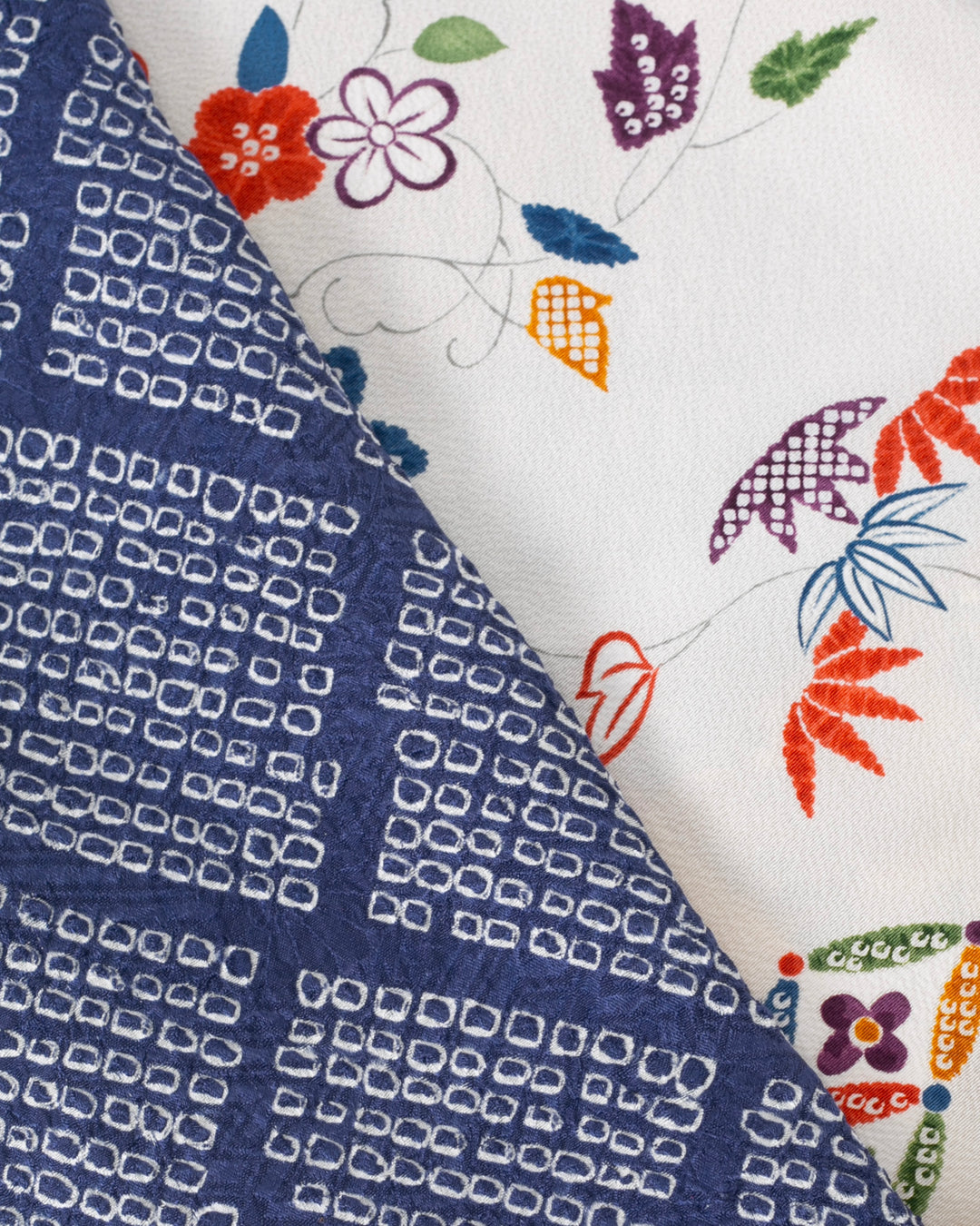 Kiriko Original Scarf, Infinity, Kimono, White Abstract Floral with Yellow Accents and Blue Shibori Diamonds
