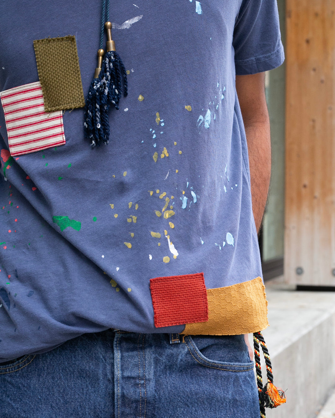 Kiriko Original Tee, 3.8 oz Cotton, Painter Tee with Patches, Blue