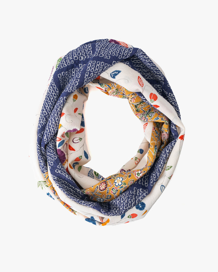 Kiriko Original Scarf, Infinity, Kimono, White Abstract Floral with Yellow Accents and Blue Shibori Diamonds