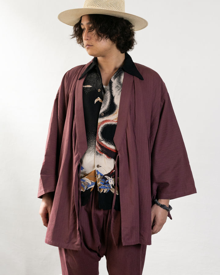 Wa-Modern Herringbone Haori Jacket, With Drawstring Sleeves, Dusty Red Azuki