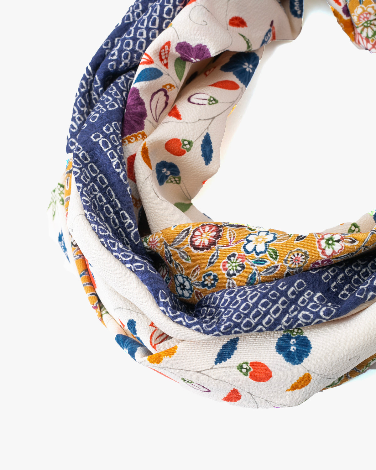 Kiriko Original Scarf, Infinity, Kimono, White Abstract Floral with Yellow Accents and Blue Shibori Diamonds