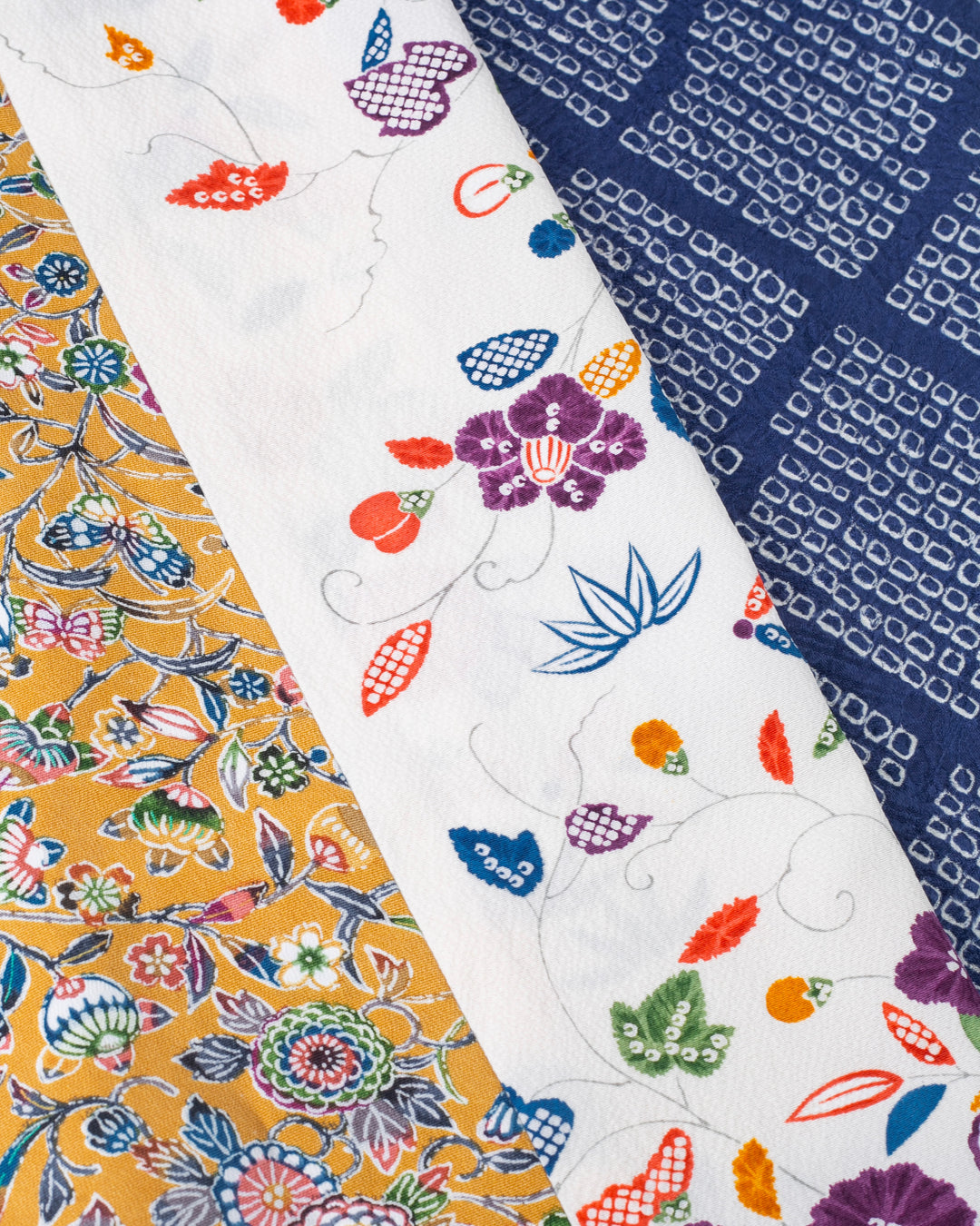 Kiriko Original Scarf, Infinity, Kimono, White Abstract Floral with Yellow Accents and Blue Shibori Diamonds
